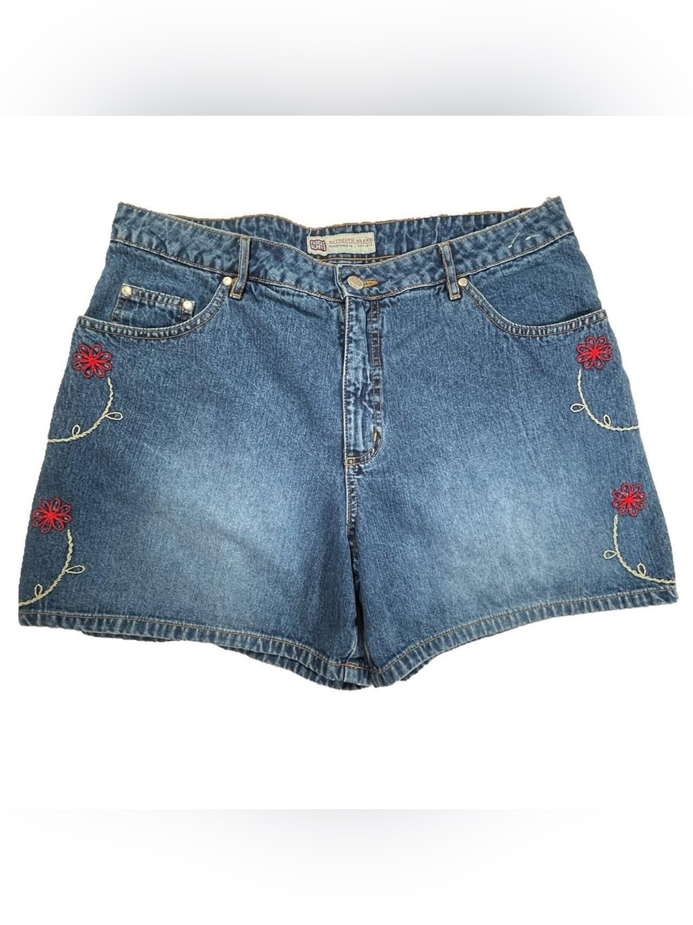 Retro Floral Embroidered Med-Wash Cotton Denim Shorts Faded Glory